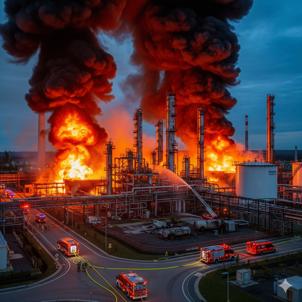 Flames and smoke rise from the Smitty’s Supply chemical plant explosion in Roseland, Louisiana.